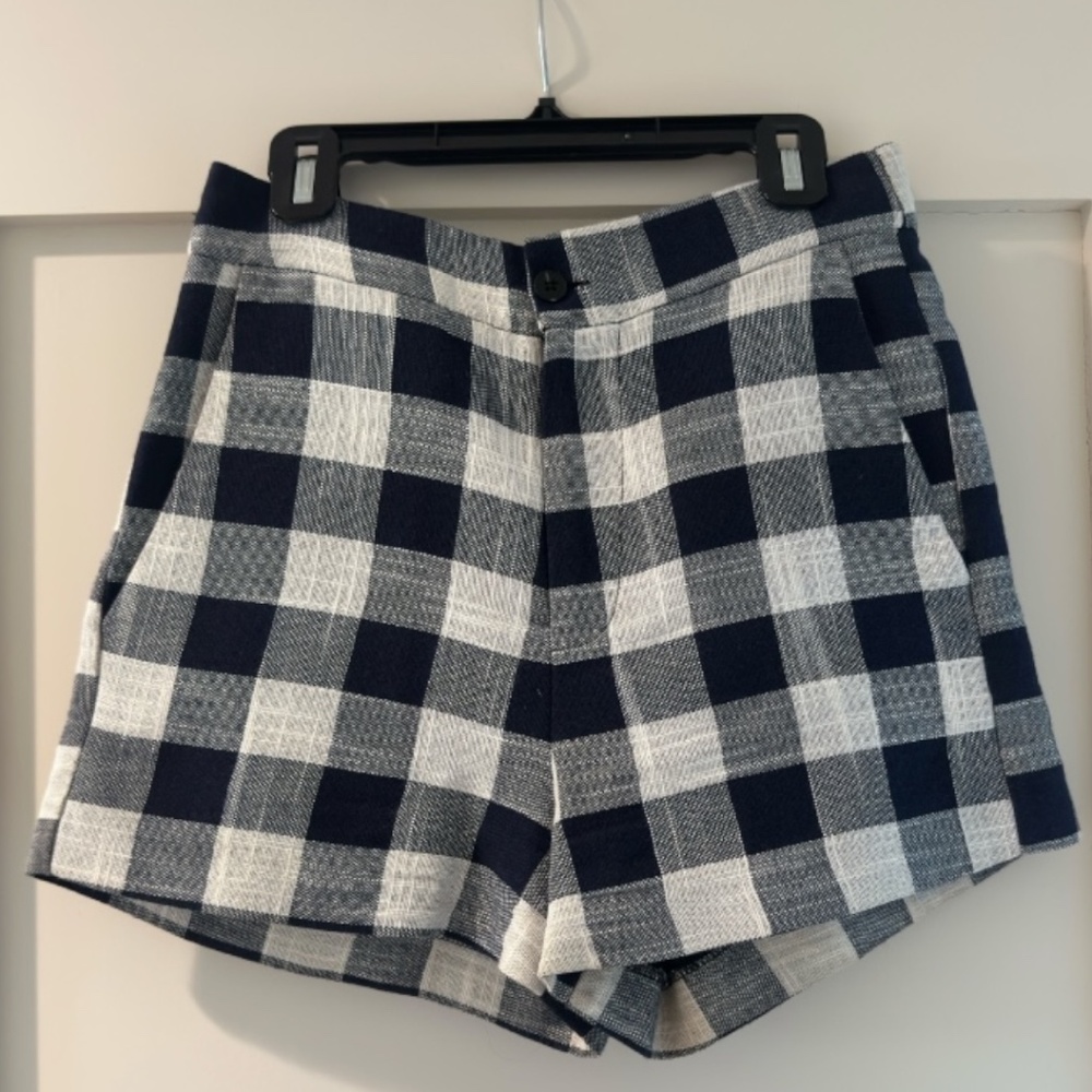 Bishop + Young Women’s Navy & Cream Checkered High Waisted Linen Shorts | XS